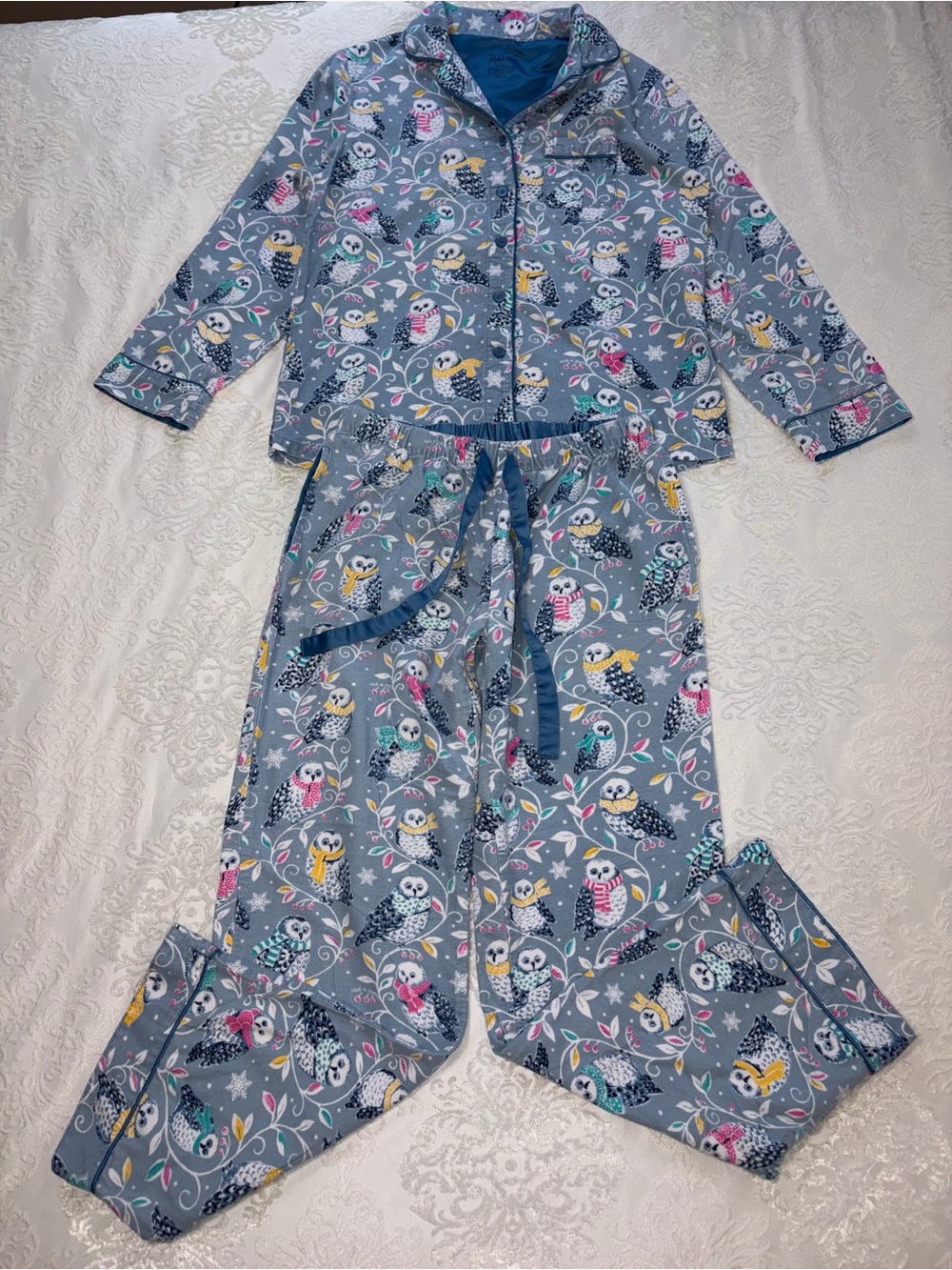 Nick & Nora Snow Owl Flannel Pajama Set Long Sleeve Blue Size XS